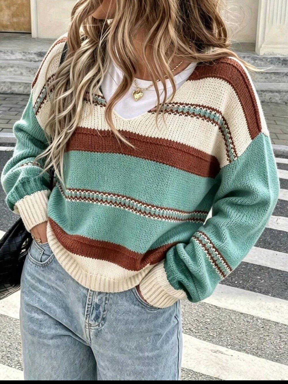 BRAND NEW ** Relaxed Striped V-Neck Sweater in Mint, Cream & Brown